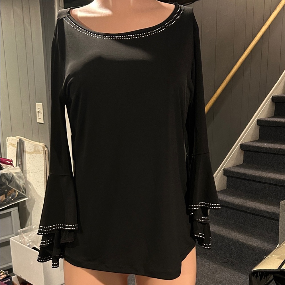 Black Women's Long Sleeve Ruffle Cuff Top with Stud Trim